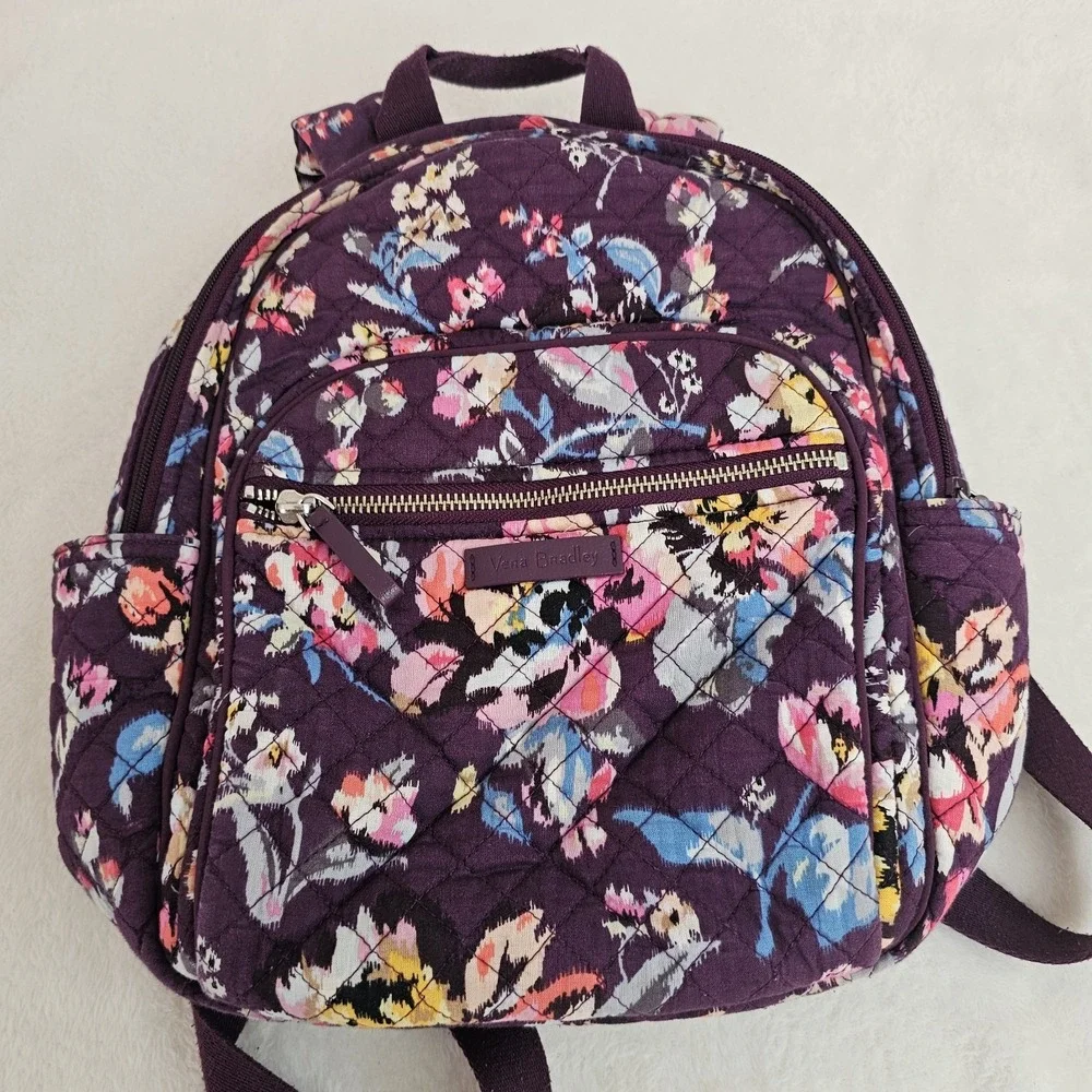 VERA BRADLEY Iconic Small Backpack Quilted Indiana Rose Burgundy Multi Floral